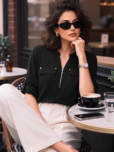 Image of Bulotus 3 /4 Length Sleeve Womens Striped Tops Zipper V Neck Collared Blouses Business Casual Tunics 2026 Spring Trendy