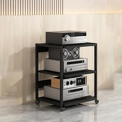 Audio Rack Gaming Shelf Floor-Standing Audio Rack Modern Audio-Video Media Stand with Universal Wheel Mobile Media Storage Stands for Meeting Livingroom Gaming,Black-50x40x69.5cm