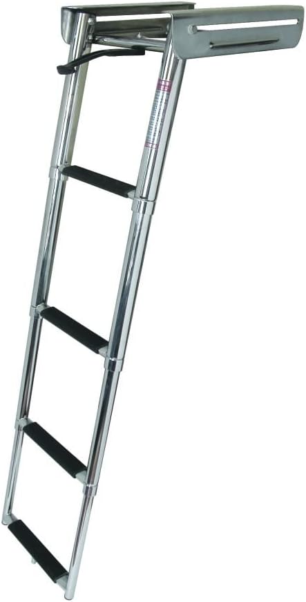 JIF Marine Under Platform Slide Out Ladder – 4-Step Spring Loaded Telescoping Ladder with Flat Poly Treads, Electropolished 304 Stainless Steel – 400 lb Capacity