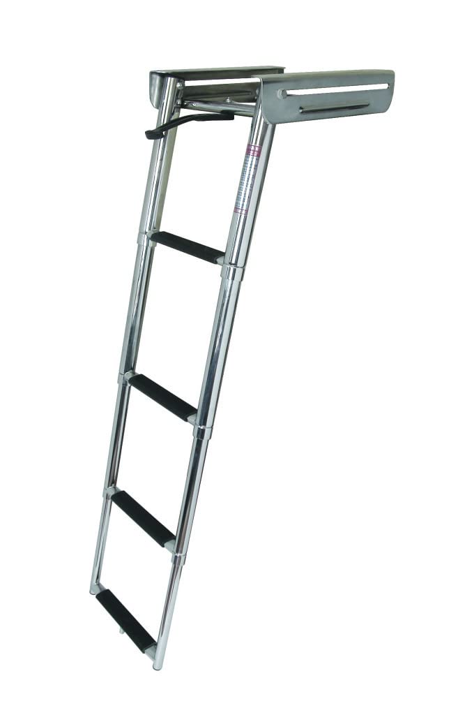 JIF Marine Under Platform Slide Out Ladder – 4-Step Spring Loaded Telescoping Ladder with Flat Poly Treads, Electropolished 304 Stainless Steel – 400 lb Capacity