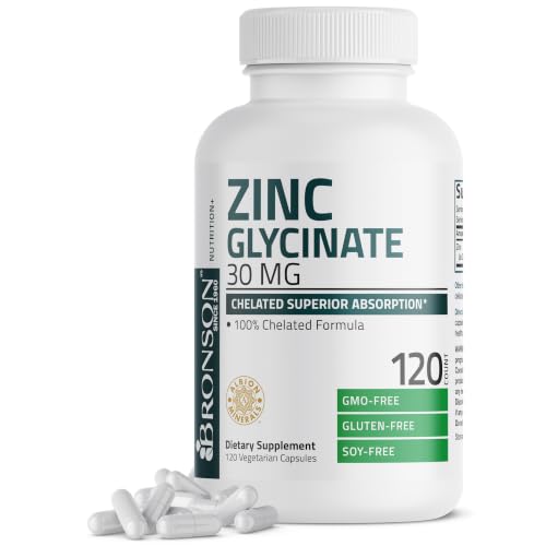 Bronson Zinc Glycinate 30mg Chelated Superior Absorption 100% Chelated Formula Non-GMO 120 Vegetarian Capsules