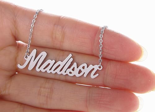 AOLO Madison Name Necklace Silver Stainless Steel Initial Pendant Nameplate Mother Day Jewelry for Womens