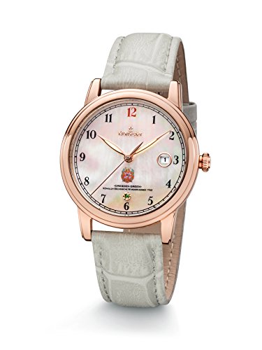 Kronsegler Dresden Green II Damenuhr Rose - perl | rosévergoldeter Edelstahl – Perlmuttzifferblatt – grüner Diamant – Lederarmband hellgrau