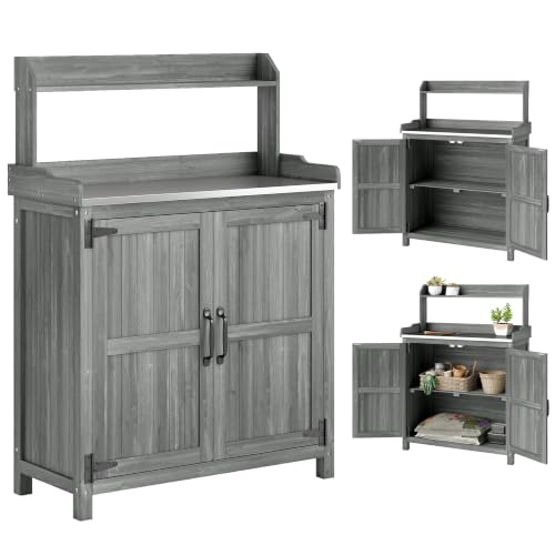 Image of Outsunny Wooden Potting Bench Table Aluminium Worktop 91 x 40 x 124 cm Grey