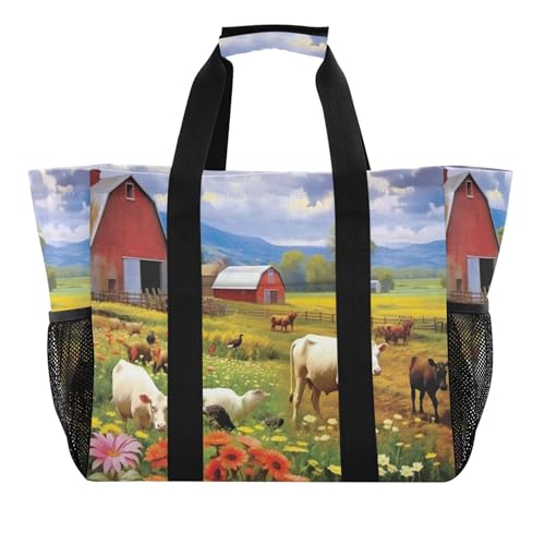 Grand sac de plage femme étanche en toile avec poches de rangement imprimé animaux de la ferme