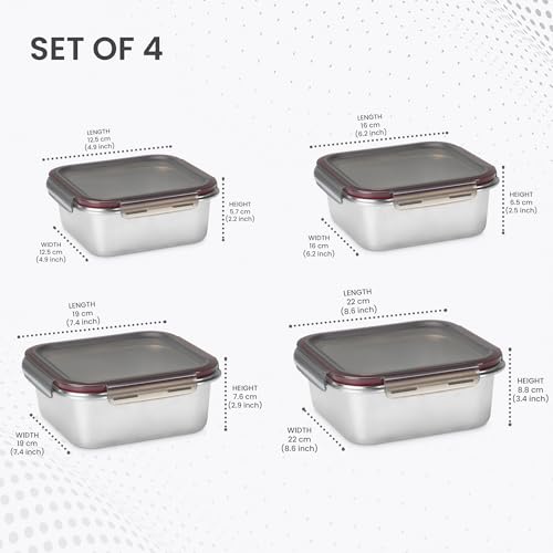 Image of MILTON Modulo Steel Square Container with lock lid, Set of 4 (400,800,1440 & 2400 ml)|Airtight & Leakproof|Microwave & Oven safe| Light Weight | School, Office or Picnic use, Silver