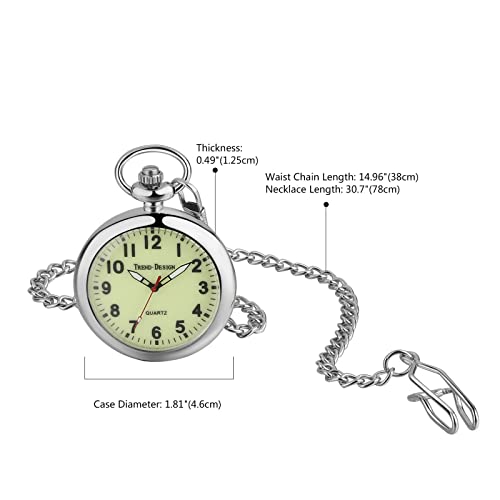 JewelryWe Taschenuhr Herren Damen Klassische Grün Leuchtendes Zifferblatt Analog Quarz Uhr mit Halskette Taille Kette Silber Geschenk – Bild 3