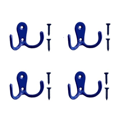 Image of Meiyea 4 Pcs Double Forked Robe Hooks,Wall Mounted Clothes Hanger,Suitable for Vintage Metal Hangers in Bathrooms and Bedrooms,with 8 Screws-Blue