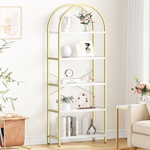 IDEALHOUSE Bookshelf 5 Tier Bookcase Arched Display Racks Tall Standing Bookshelves Metal Frame Modern Storage Rack Shelf Large Wood Book Shelf for Bedroom, Living Room, Home Office, White/Gold