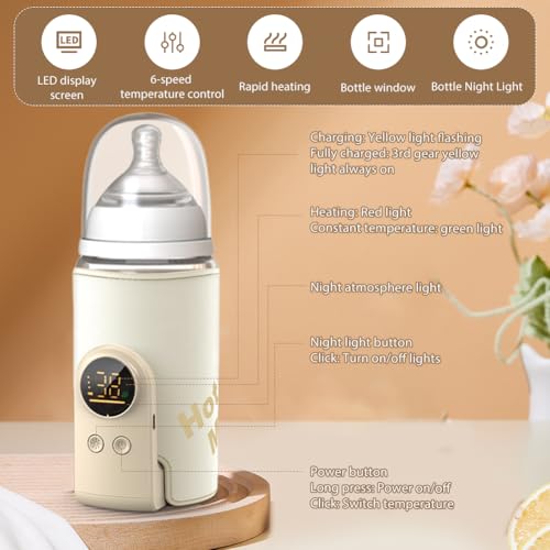 Flaschenwärmer Baby Unterwegs, USB-Ladung 18W Babyflaschenwärmer mit LCD-Display, 6 Einstellbare Temperaturstufen 38-50℃