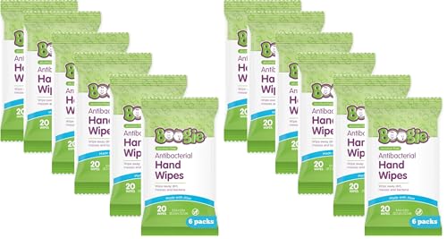 Image of Antibacterial Hand Wipes by Boogie, Alcohol Free, Hypoallergenic and Moisturizing Aloe, Hand Wipes for Kids and Adults, 12 Packs of 20 (120 total wipes)