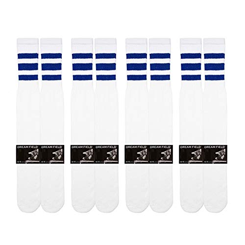 Dreamfield 4 Pairs Casual Knee High White Tube Socks Long Athletic Blue Stripe Sports 10-15