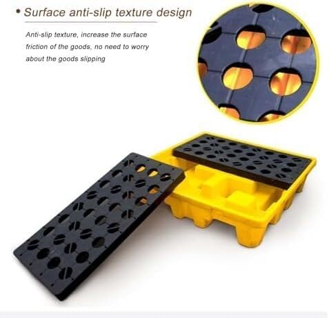Modular Spill Containment Pallet - Stackable Yellow & Black Spill Platform with Grating, 670x600mm, Ideal for Safe Chemical Storage & Easy Drainage Solutions