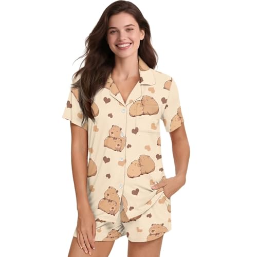 Image of Women's Short Sleeve Sleepwear Pajamas Nightwear with Pockets | skin-friendly breathable material resists pilling fading and deformation after repeated washing