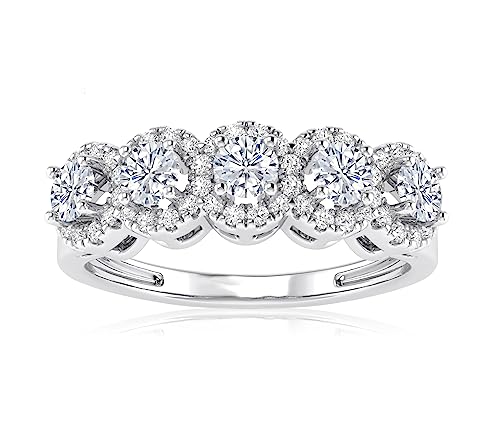 Houston Diamond District 0.75 to 3 Carat Diamond Five Stone Halo LAB GROWN Diamond Wedding Band Ring (E-F Color VS1-VS2 Clarity) 14K White Gold 0.75 Carat Size: 7