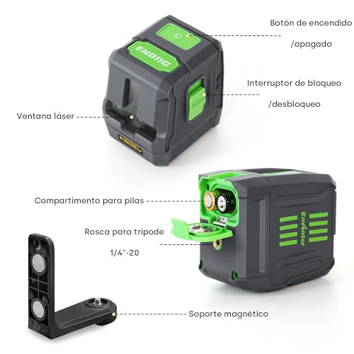 Miniatura 2 de Enventor Nivel Láser Verde De 25m, Nivel Láser Autonivelante De Línea Cruzada, Modos Manual Y Autonivelación, Ip54, 360 Base Magnético, Bolsa