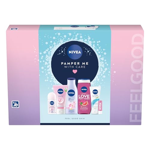 NIVEA Pamper Me With Care Gift Set (6 Products) Womens Gift Set with Shower Gel Moisturising Cream Body Lotion Lip Balm Anti-Perspirant Roll-On and Cream Wash