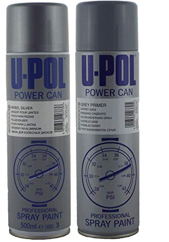 UPOL U-POL Power Can 500ml Grey Primer + Alloy Silver Spray Aerosol Paint X2 Pack