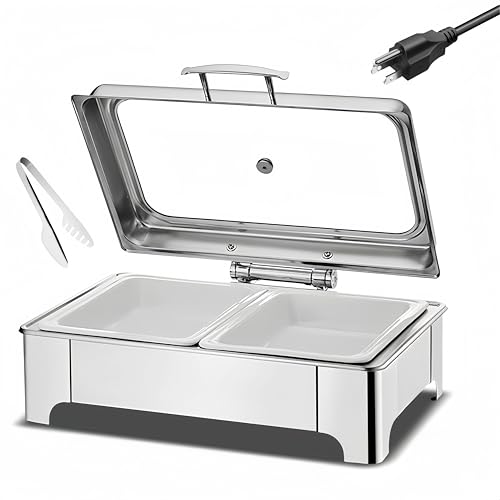 400W Electric Chafing Dish, 2 x 4.5QT Half Size Electric Chafing Dish Buffet Set, Buffet Catering Food Servers and Warmers with Adjustable Temperature Roll Top Glass Lid Food Tong