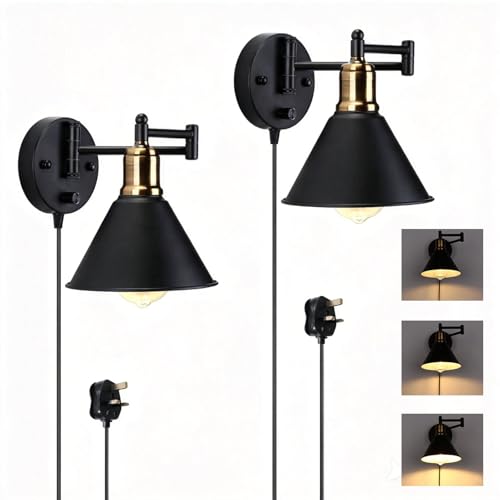 Lampop Black Plug in Wall Light with Switch, Dimmable Industrial Swing Arm Wall Lamp, 2 Pack E27 Wall Lights for Living Room, Bedroom (Bulb not Included)