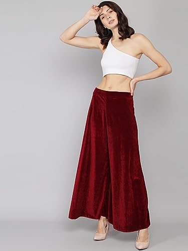 Image of Vaararo Party Trousers for Women | Shiny Velvet Fabric Wide Bottoms Stylish Palazzo Pants