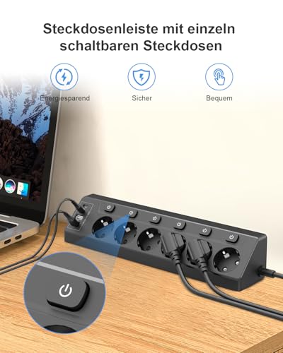 Vipwell Ecksteckdose mit Unabhängigem Schalter，Steckdosenleiste Mit 4 USB (2 USB C)+6 Fach Steckdose Mit Kindersicherung, 3680W, 2M Verlängerungskabel für Küche, Büro, Haushalt (Schwarz) 4