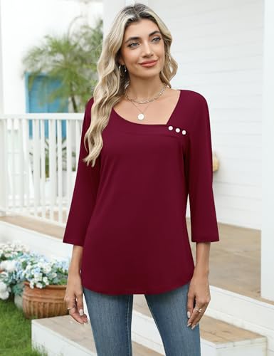 Image of LOMON Womens 3 /4 Length Sleeve T Shirts Asymmetrical Neck Tops Business Blouses for Women Fashion 2026