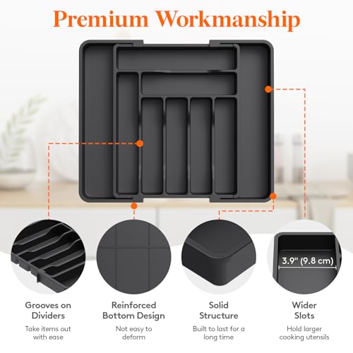 Image of Lifewit Expandable Silverware Drawer Organizer, Kitchen Utensil Tray | BPA-free Plastic Flatware Cutlery Holder, Space-Saving Storage for Spoons Forks Knives, 11.8-19.6 x 15 inch, Black