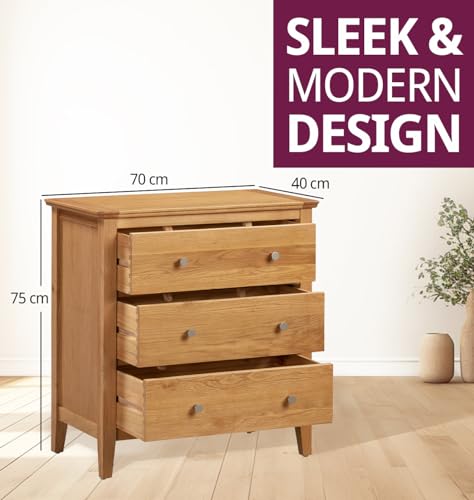 Hallowood Furniture Hereford Oak Chest of Drawers, 3 Wooden Chest Drawers, Small Solid Light Oak Dresser for Bedroom, Living Room & Hallway, Fully Assembled Bedroom Furniture