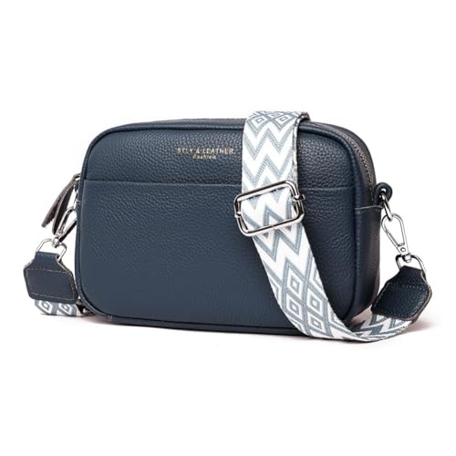 Efilra Bolso Cruzado Pequeño de Piel Auténtica para Mujer con Correa de Guitarra, A-azul