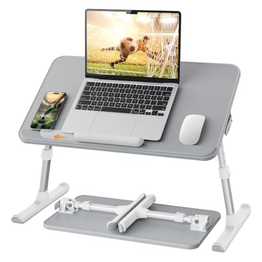 SAIJI Leather Laptop Bed Tray Table, Adjustable Laptop Stand with Removable Stopper, Portable Lap Desks with Foldable Legs, Notebook Stand Breakfast Reading Desk for Sofa Couch(Medium,Gray)