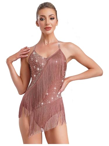 JEATHA Maillot De Danza Patinaje para Mujer Leotardo con Flecos Sin Mangas Vestido De Baile Lírico Disfraz De Bailarina Actuación Rosa empolvado L