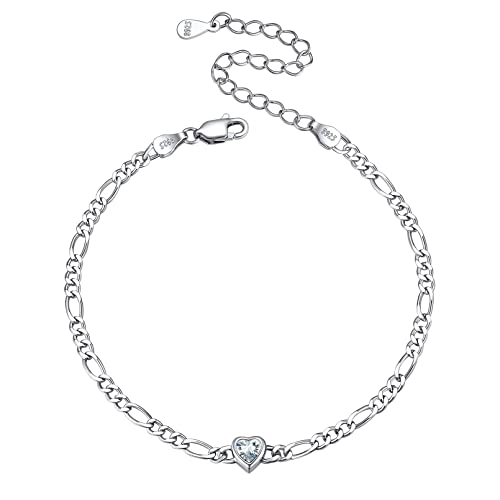 Chicsilver 925 Sterling Silver Heart Bracelet For Women Dainty 3Mm Cubic Zirconia Cz Created Diamond April Birthstone Figaro Chain Bracelet Birthday Jewelry Gifts #TOP9