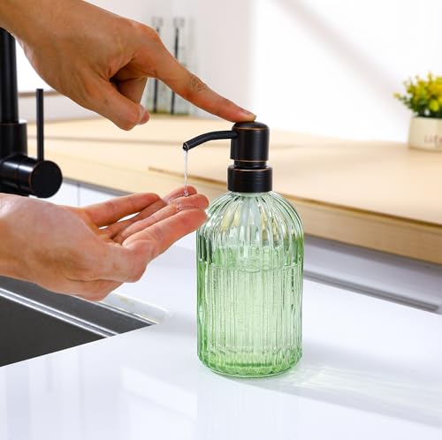 Image of 16Oz Green Glass Soap Dispenser with Rust Proof Bronze Stainless Steel Pump, Green Countertop Refillable Liquid Lotion Dispensers with Stainless Steel Pump, Oil Rubbed Bronze Soap Dispenser