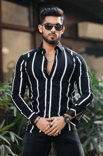 Image of MiraMichi Men's Striped Slim Fit Lycra Shirt | Full Sleeve Stretchable Shirt | Trendy Black and White Vertical Stripes for Casual