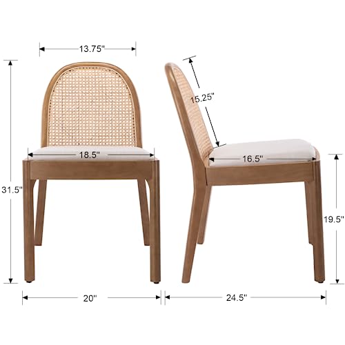 Ya-Home Mid Century Dining Chairs Set of 2, Accent Rattan Linen Fabric Side Chairs Kitchen Chair with Solid Wooden Legs for Living Room Dining Room, Beige