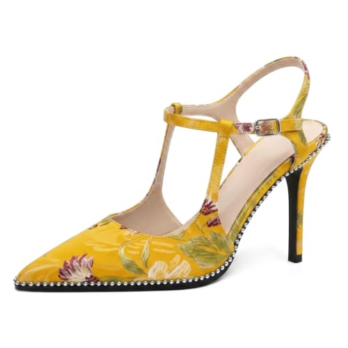 Image of SAMMITOP Womens High Heels Ankle Strap Pointed Toe Stilettos Patent Leather Beaded Pumps Dress Shoes 3.5 Inch