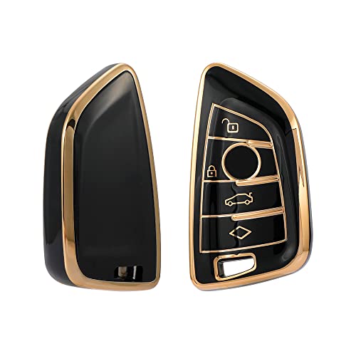 Image of Keyzone TPU car Key Cover Compatible for BMW X1, X3, X6, X5, 5 Series, 6 Series, 7 Series 4 Button smart Key (Type2) (Gold Black)