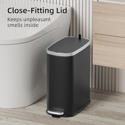 Image of KUK Slim Bathroom Trash Can with Lid Soft Close, Step Pedal, 2.6 Gal / 10L Stainless Steel Garbage Can with Removable Inner Bucket, Anti-Fingerprint Wastebasket for Office, Bedroom, Toilet (Black)