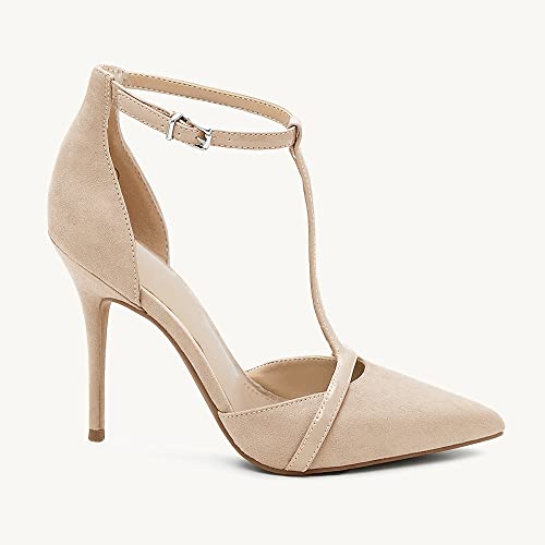Minshluu Nude Pumps Pointed Toe T-Stap High Heels Ankle Strap Stilettos D'orsay Dressy Heeled Sandals #TOP3