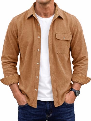 Runcati Sobrecamisa de Hombre de Franela de Manga Larga, Marrón, XL