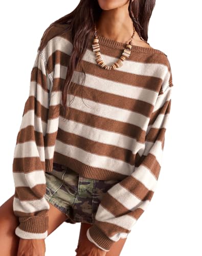 Women Casual Crew Neck Striped Pattern Crop Sweater Loose Fit Lantern Long Sleeve Color Block Knit Pullover Tops