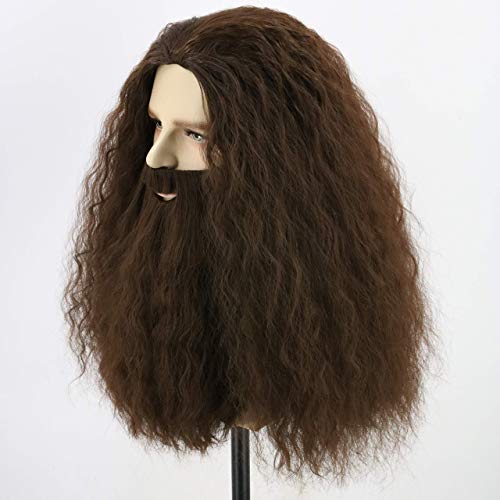 Peruca e barba inspirada em Hagrid Adults Long Brown Curly Wig Wizard peruca para Halloween Carnaval