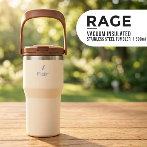 Image of FLAIR Rage Vacuum Insulated Coffee Tumbler 500 ml Beige | 2-in-1 Lid (Straw & Sip)| 304 Double Wall Stainless Steel | Leak-Proof Lid | Hot & Cold Travel Mug with Handle | BPA-Free