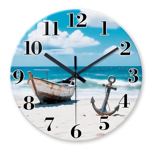 Analog Blue Beach Wall Clocks Battery Operated 12 Inch Coastal Wall Clocks for Living Room Decor Round Modern Silent Wall Clock Non Ticking
