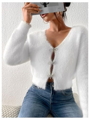 Verdusa Women's Fuzzy Cut Out Cardigan Going Out Rhinestone Bow V Neck Cropped Sweaters4