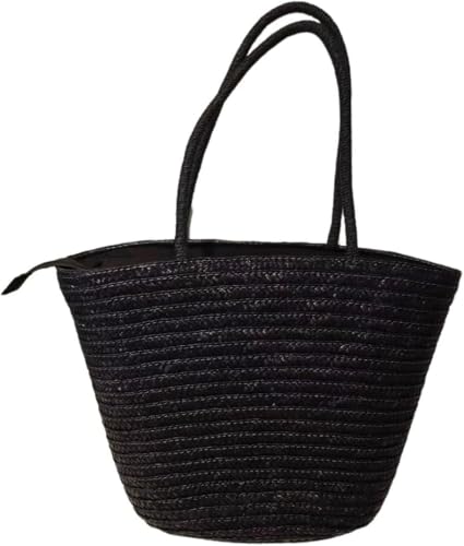 Bolsa De Palha Natural Feminina Mochila Juta para Praia Piscina Grande Ombro Com Zíper (Preto)