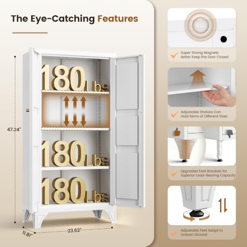 Image of Yizosh Metal Storage Cabinet with Doors and 3 Adjustable Shelves - 47 inch White Kitchen Pantry Storage Cabinet Locker for Kitchen,Living Room,Dining Room