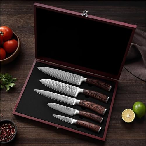 Wakoli EDIB 5-Piece Damascus Knife Set, Professional Kitchen Knives made of 67-Layer Damascus Steel with VG10 Core Blades, Ergonomic Pakkawood Handles, In Wooden Gift Box by Wakoli - Image 7