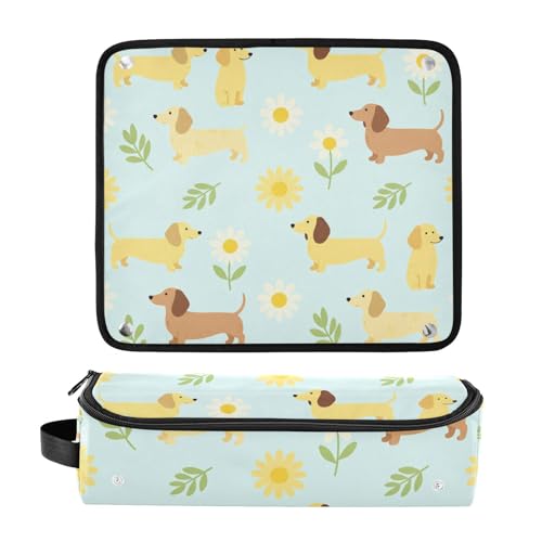 Bolsa para herramienta de cabello con protector resistente al calor y resistente al agua para planchas, rizadores, alisadores, organizador portátil con diseño de perro dachshund azul verdoso miniatura 3